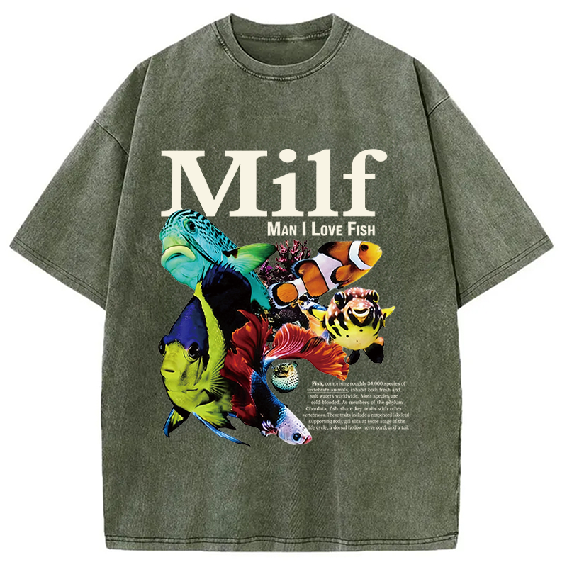 Modecanvas Man I Love Fish Vintage Meme Washed T-Shirt-modecanvas