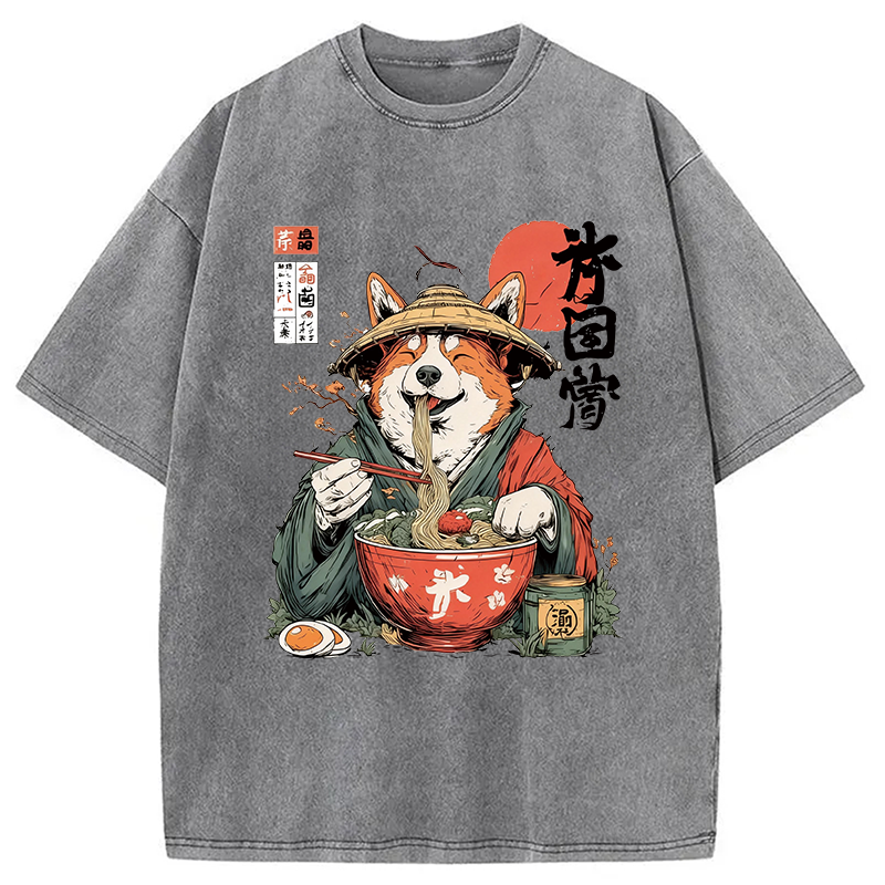 Modecanvas Corgi Eating Ramen DTG Printing Washed T-Shirt-modecanvas