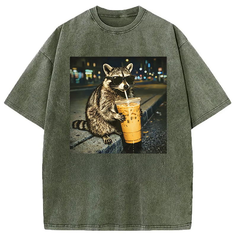Modecanvas Racoon with a Ice Coffee Washed T-Shirt-modecanvas