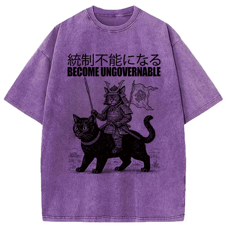Modecanvas Become Ungovernable Japanese Funny Cat Samurai Riding A Cat DTG Printing Washed T-Shirt-modecanvas