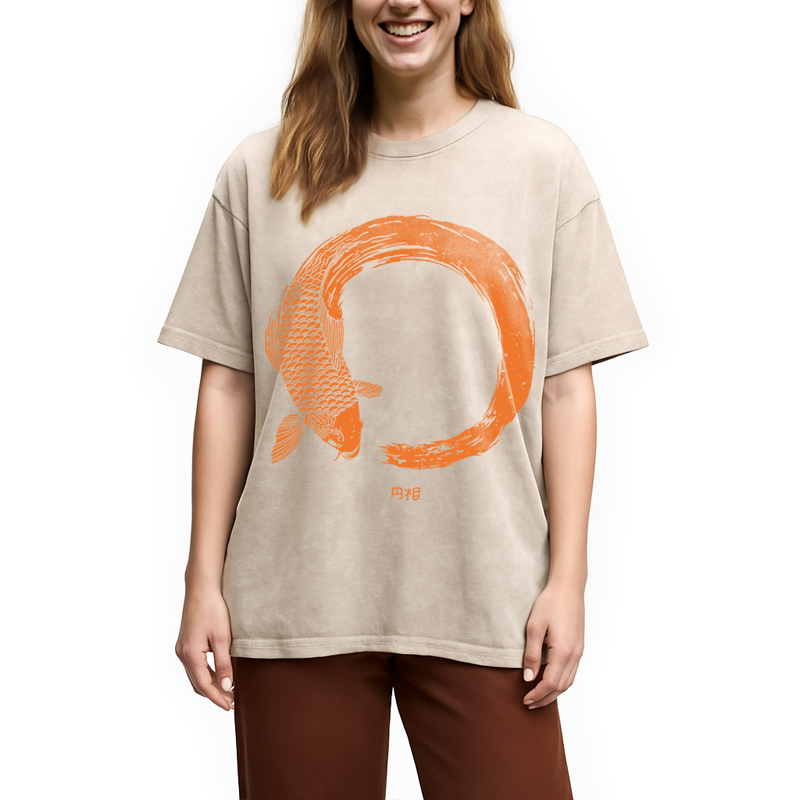 Modecanvas Orange Koi Fish Circle DTG Printing Washed T-Shirt
