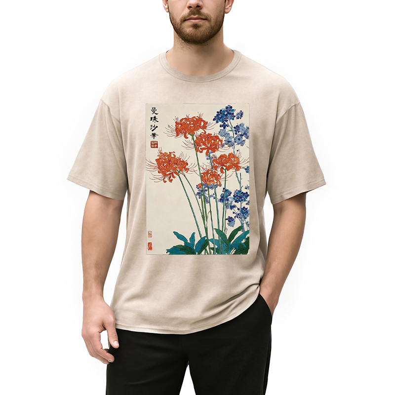 Modecanvas Red Spider Lily Bloom DTG Printing Washed T-Shirt
