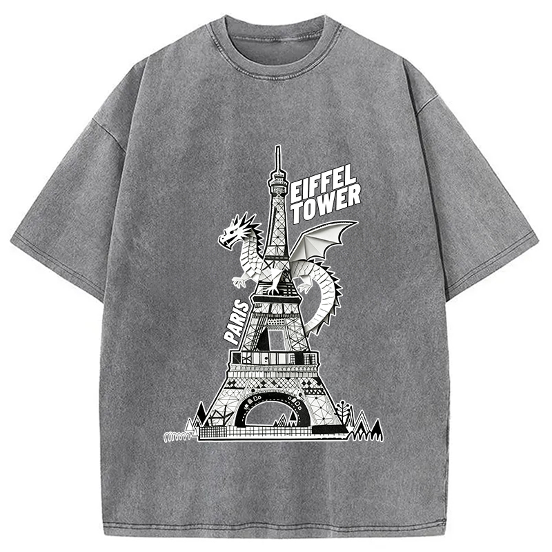 Modecanvas Dragon Eiffel Tower Washed T-Shirt