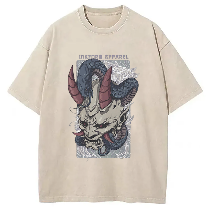 Modecanvas White Oni Mask with Snake Washed T-Shirt