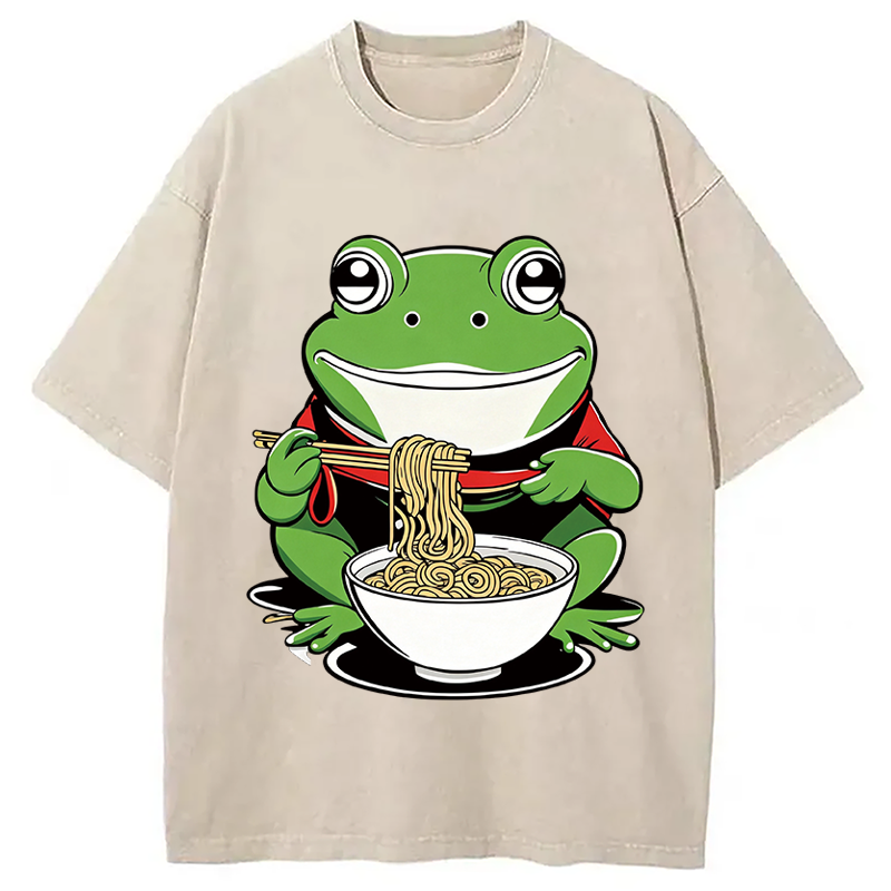 Modecanvas Cute Frog Eating Ramen DTG Printing Washed T-Shirt