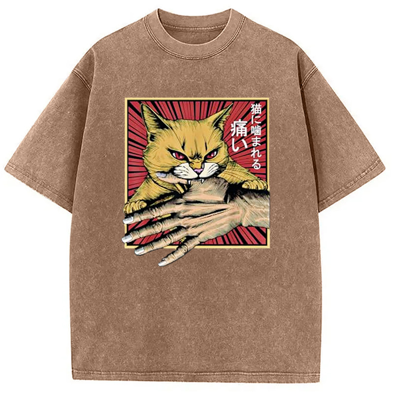 Modecanvas Anime Cat Bite Japanese Art Retro Washed T-Shirt