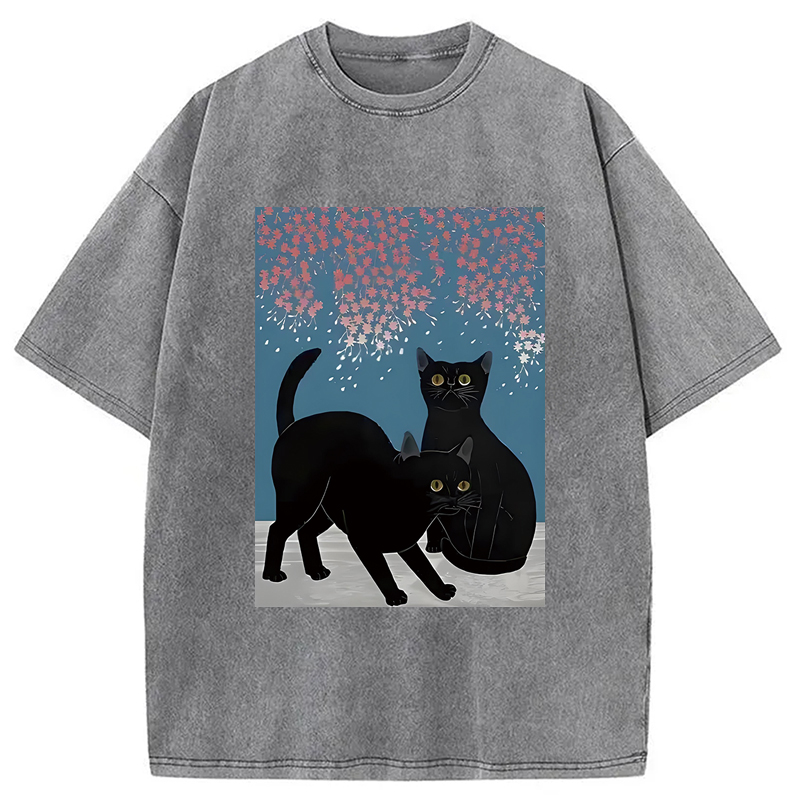 Modecanvas Black Cat Under The Sakura Washed T-Shirt