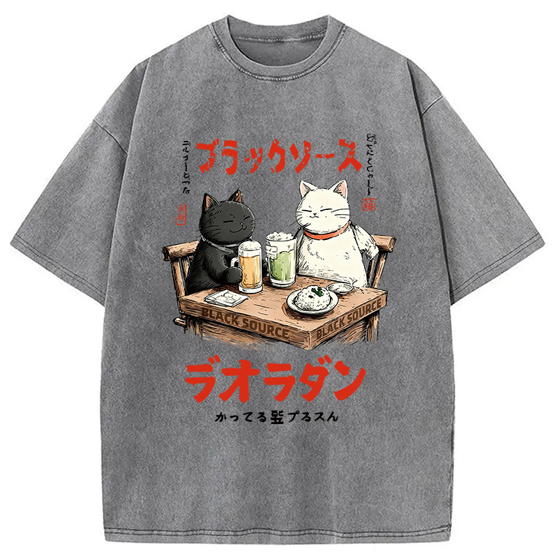 Modecanvas Funny Drinking Cat DTG Printing Washed T-Shirt