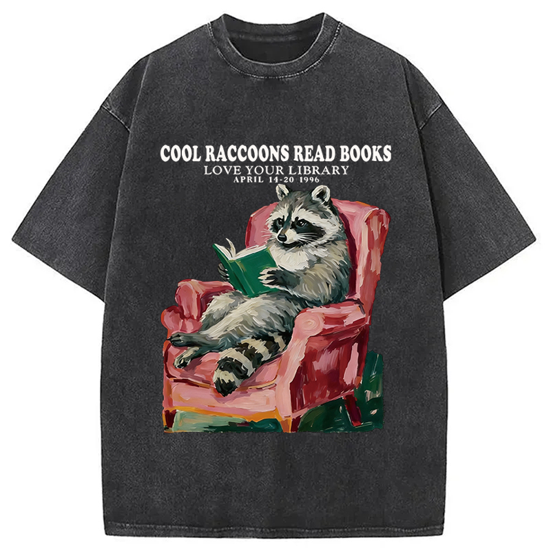 Modecanvas Cool Raccoon Reads DTG Printing Washed T-Shirt-modecanvas