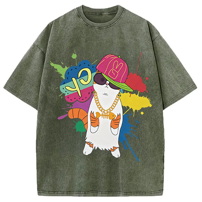 Modecanvas Hip Hop Cat DTG Printing Washed T-Shirt