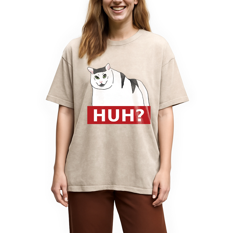 Modecanvas Huh Cat Meme DTG Printing Washed T-Shirt
