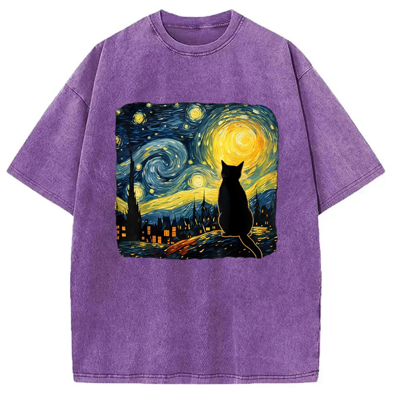 Modecanvas Cat Starry Night Washed T-Shirt