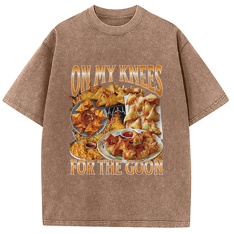 Modecanvas On My Knees Funny Crab Rangoon Meme Washed T-Shirt