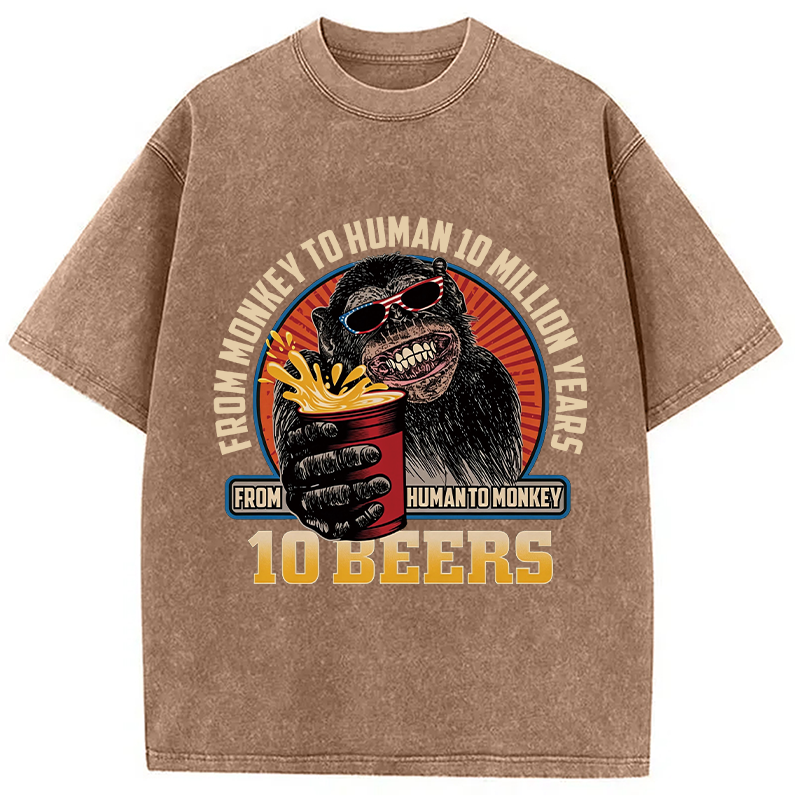 Modecanvas Human To Monkey In 10 Beers Funny Alcohol DTG Printing Washed T-Shirt