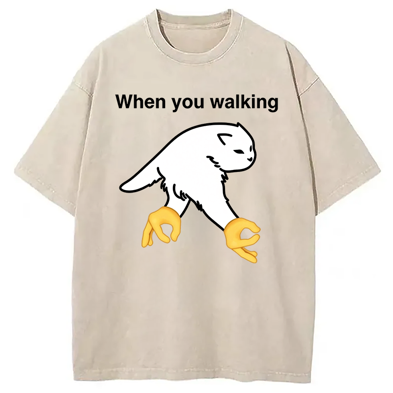 Modecanvas When You Walking Cursed Cat Meme DTG Printing Washed T-Shirt