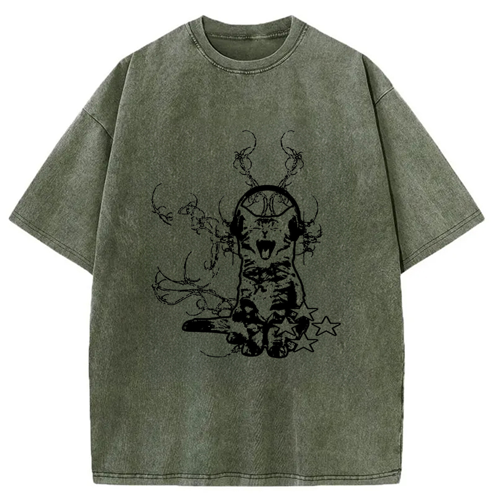 Modecanvas Funny Music Cat Washed T-Shirt