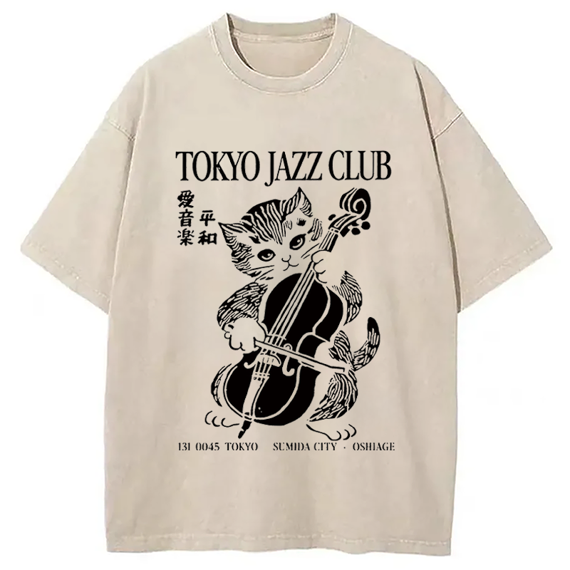 Modecanvas Tokyo Jazz Kitty DTG Printing Washed T-Shirt