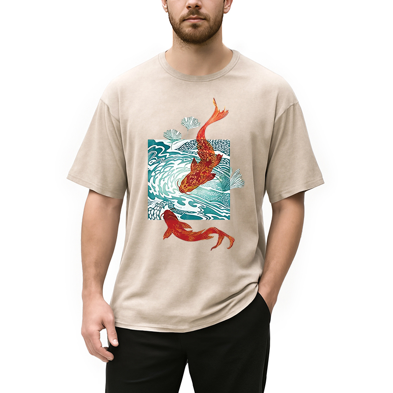 Modecanvas Koi In Wave Patterns DTG Printing Washed T-Shirt