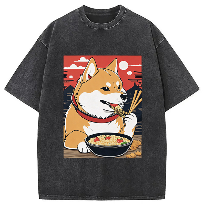 Modecanvas Cute Shiba Inu Dog Eating Ramen DTG Printing Washed T-Shirt