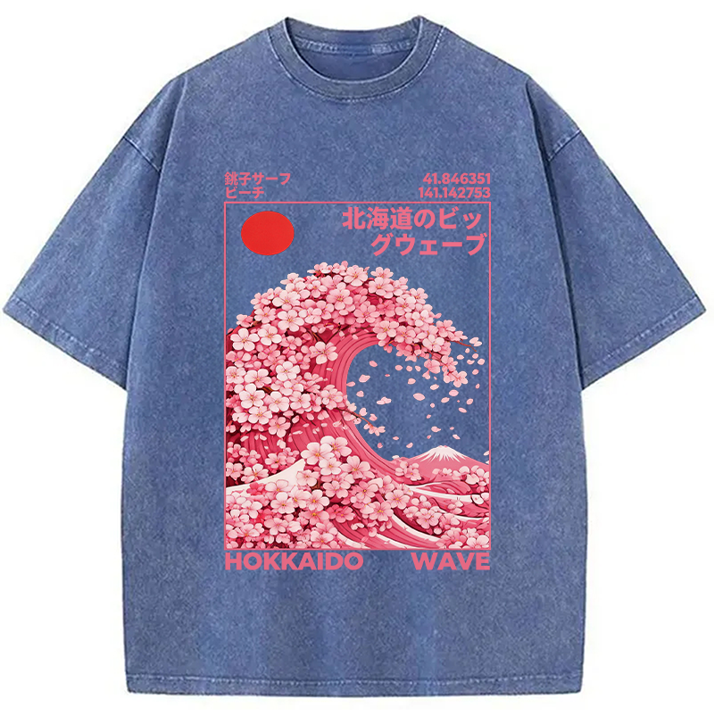 Modecanvas Hokkaido Wave Sakura Washed T-Shirt-modecanvas