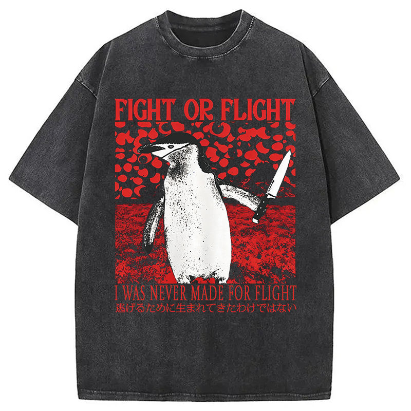 Modecanvas Vintage Japanese Funny Penguin DTG Printing Washed T-Shirt-modecanvas