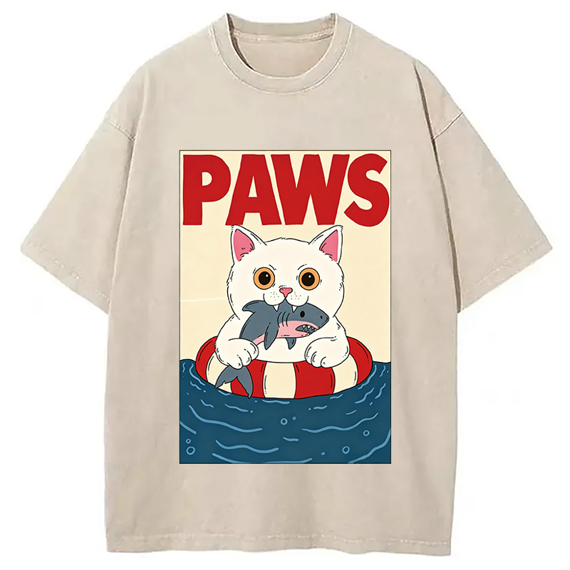 Modecanvas Cat Eats Shark DTG Printing Washed T-Shirt