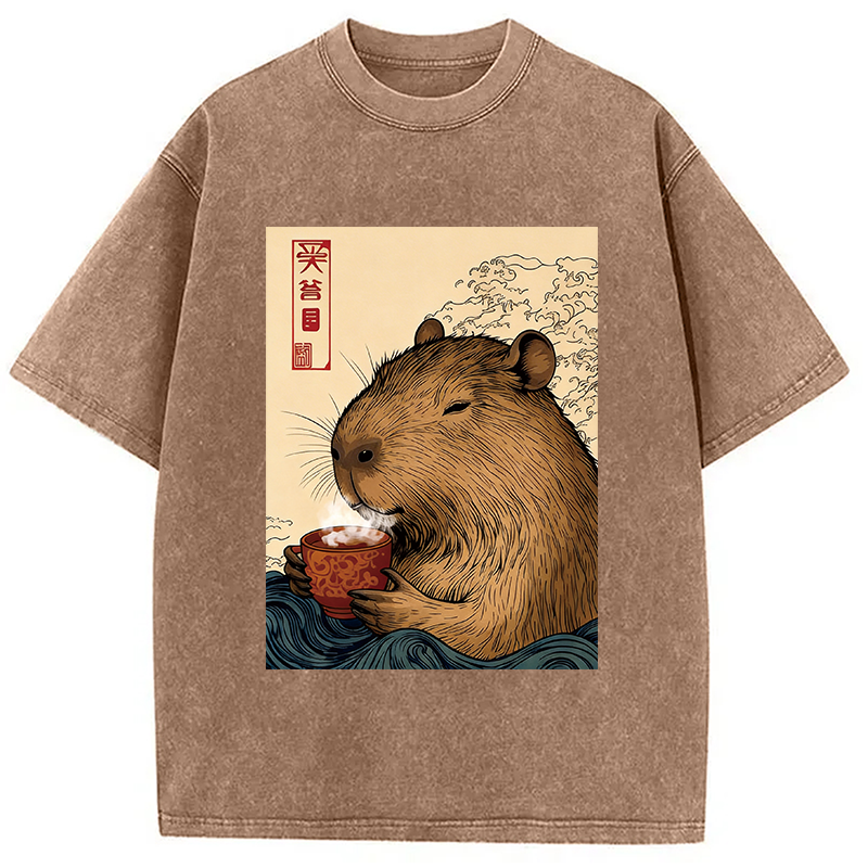 Modecanvas Capybara with Morning Tea DTG Printing Washed T-Shirt