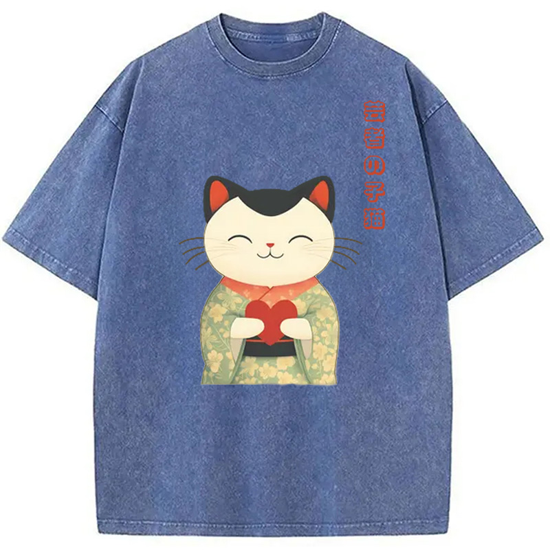 Modecanvas Japanese Maneki Geisha Kitty Washed T-Shirt
