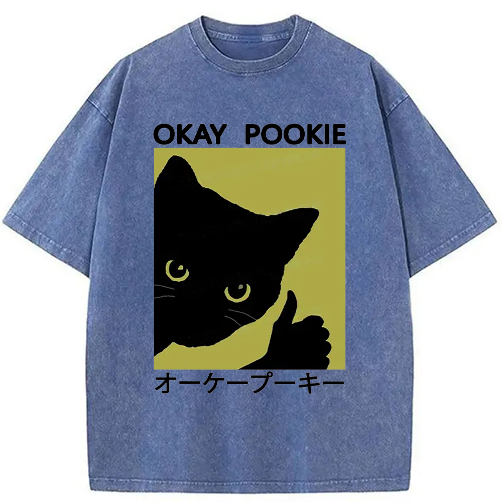 Modecanvas Okay Pookie Cat Washed T-Shirt-modecanvas