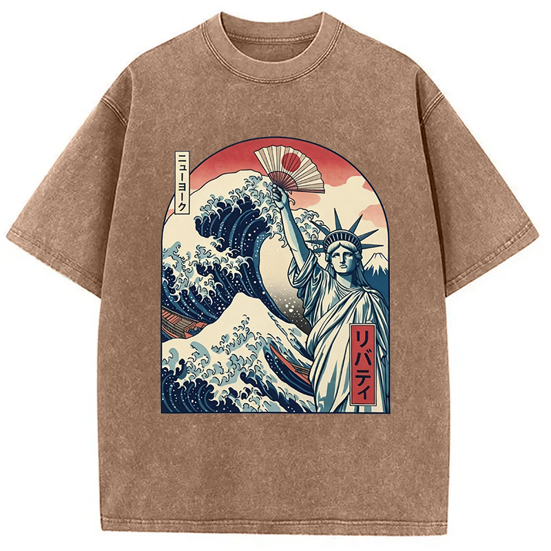 Modecanvas Ukiyo-e Statue Of Liberty DTG Printing Washed T-Shirt
