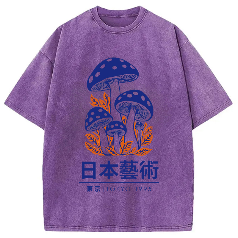 Modecanvas Japanese Art Blue Mushroom Washed T-Shirt