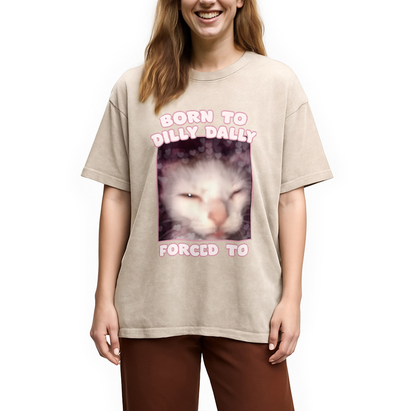 Modecanvas Born to Dilly Dally Cat Meme Washed T-Shirt
