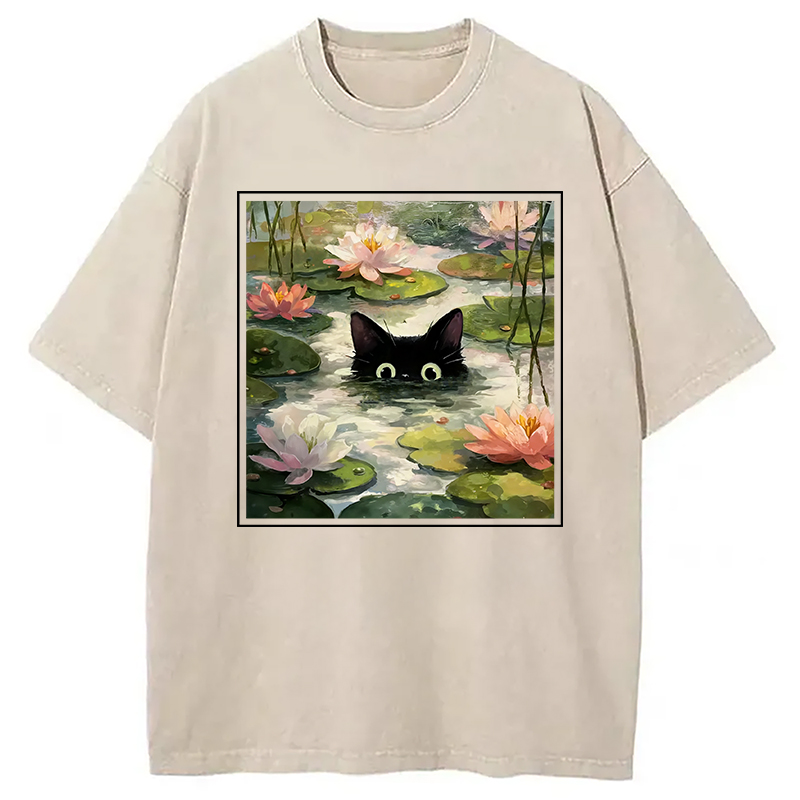 Modecanvas Black Cat and Lotus Flower Washed T-Shirt