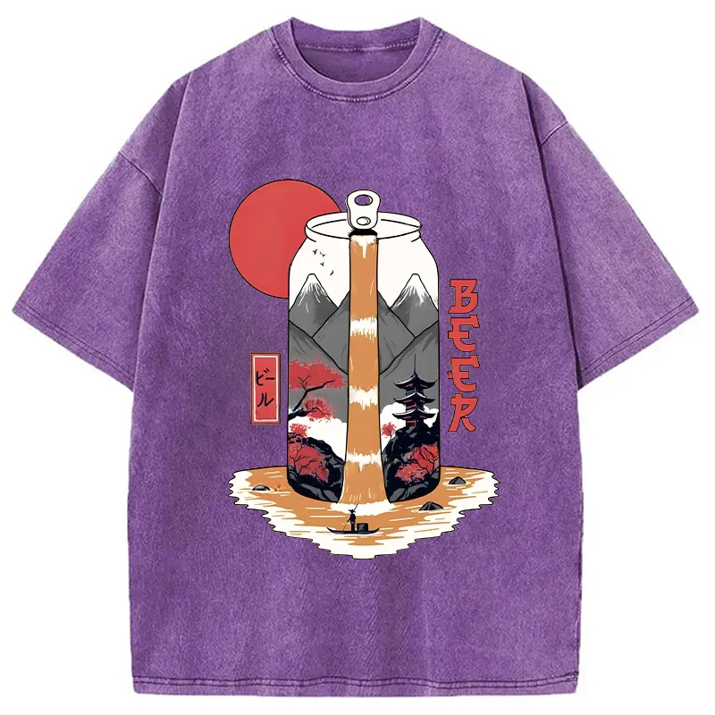 Modecanvas Japanese Retro Beer Landscape Washed T-Shirt