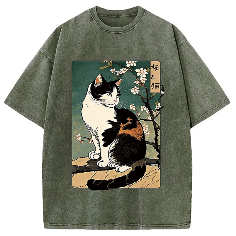 Modecanvas The Cat Under the Sakura DTG Printing Washed T-Shirt-modecanvas