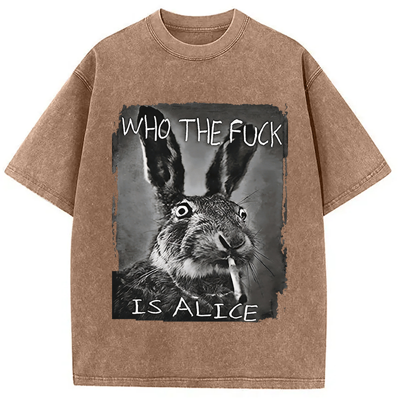 Modecanvas Who The F*ck Is Alice Rabbit Funny DTG Printing Washed T-Shirt-modecanvas