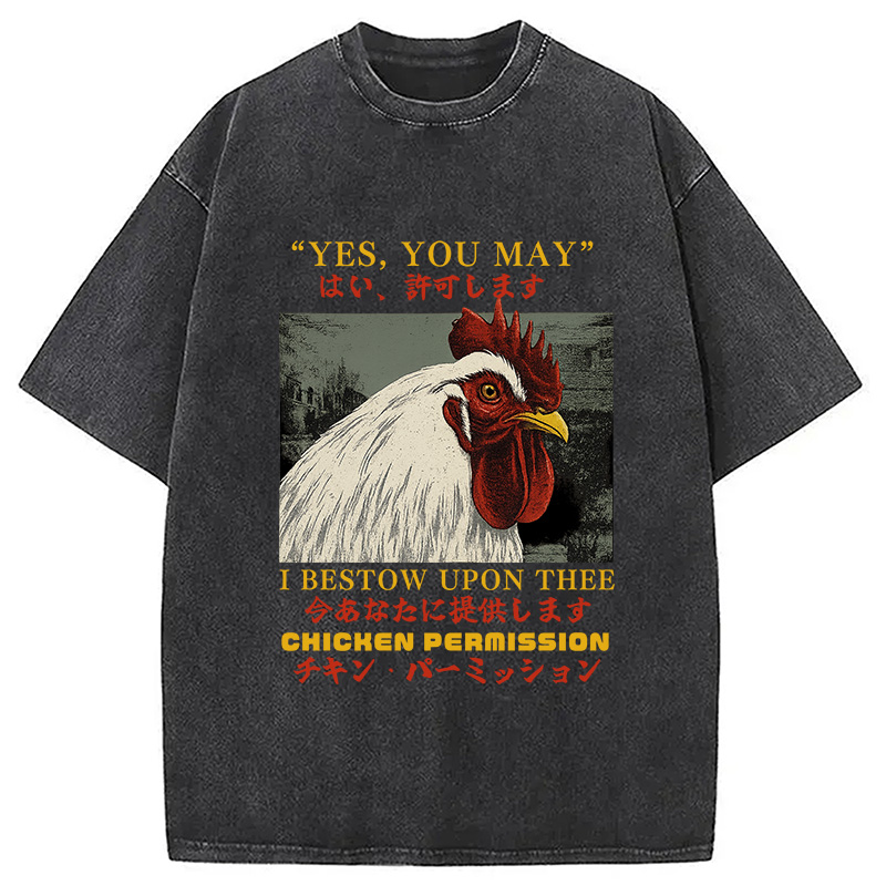 Modecanvas Chicken Permission Vintage DTG Printing Washed T-Shirt-modecanvas