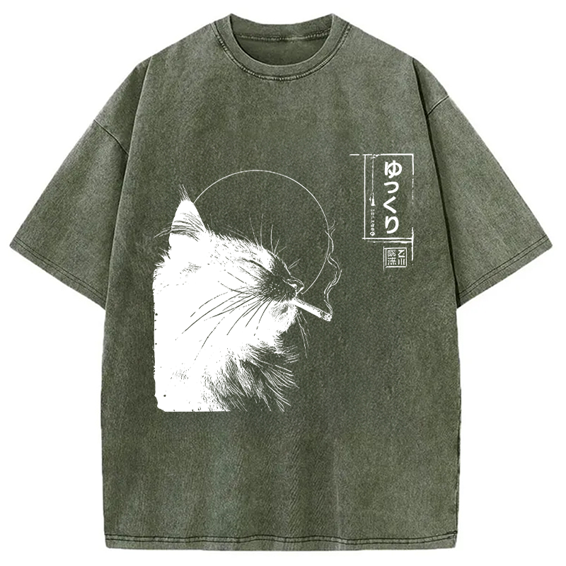 Modecanvas Stay Chill Smoking Cat DTG Printing Washed T-Shirt-modecanvas
