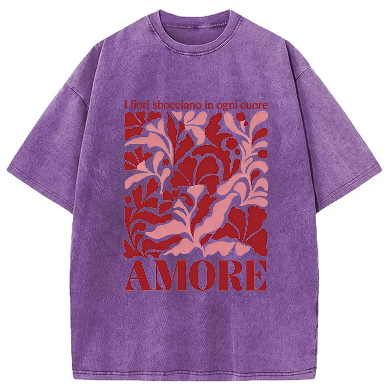 Modecanvas Red Floral Amore DTG Printing Washed T-Shirt-modecanvas