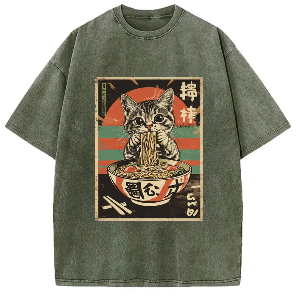 Modecanvas Kawaii Cat Lover Ramen Washed T-Shirt