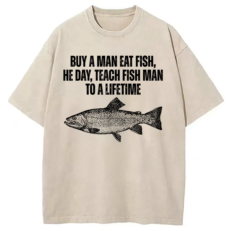 Modecanvas Buy a Man Eat Fish Funny Meme DTG Printing Washed T-Shirt