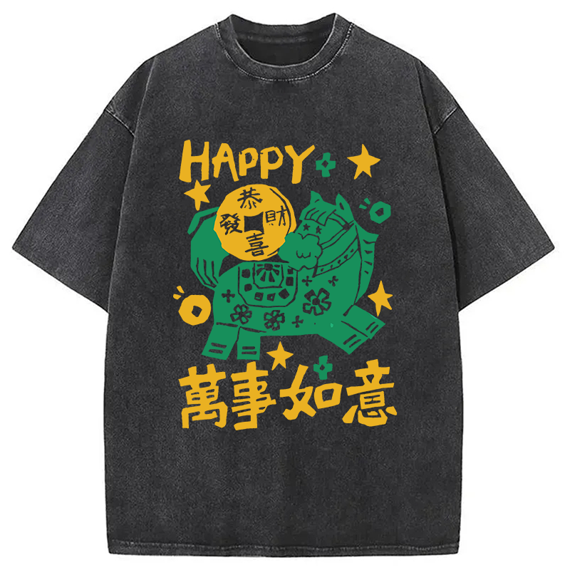 Modecanvas Happy Horse Best Wishes DTG Printing Washed T-Shirt-modecanvas