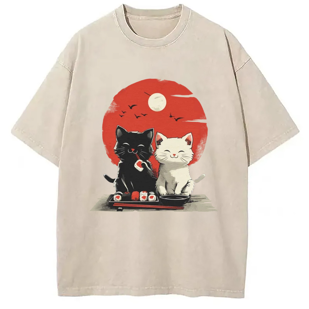 Modecanvas Black And White Cat Vintage Washed T-Shirt