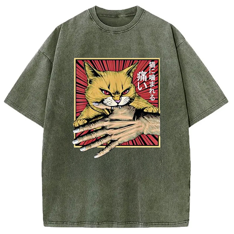 Modecanvas Anime Cat Bite Japanese Art Retro Washed T-Shirt