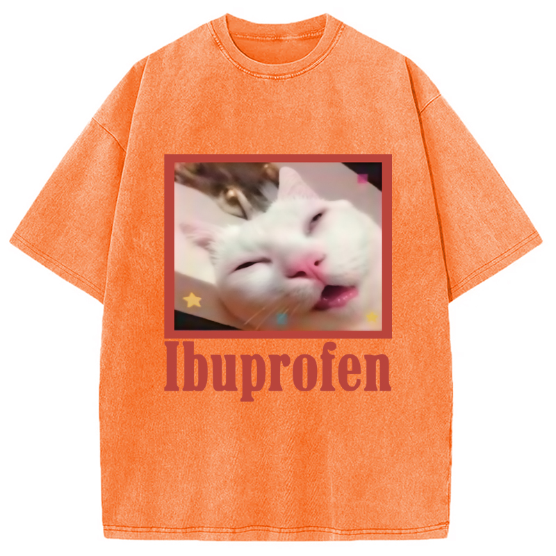 Modecanvas Ibuprofen Meme Cat Benny Cute Washed T-Shirt-modecanvas