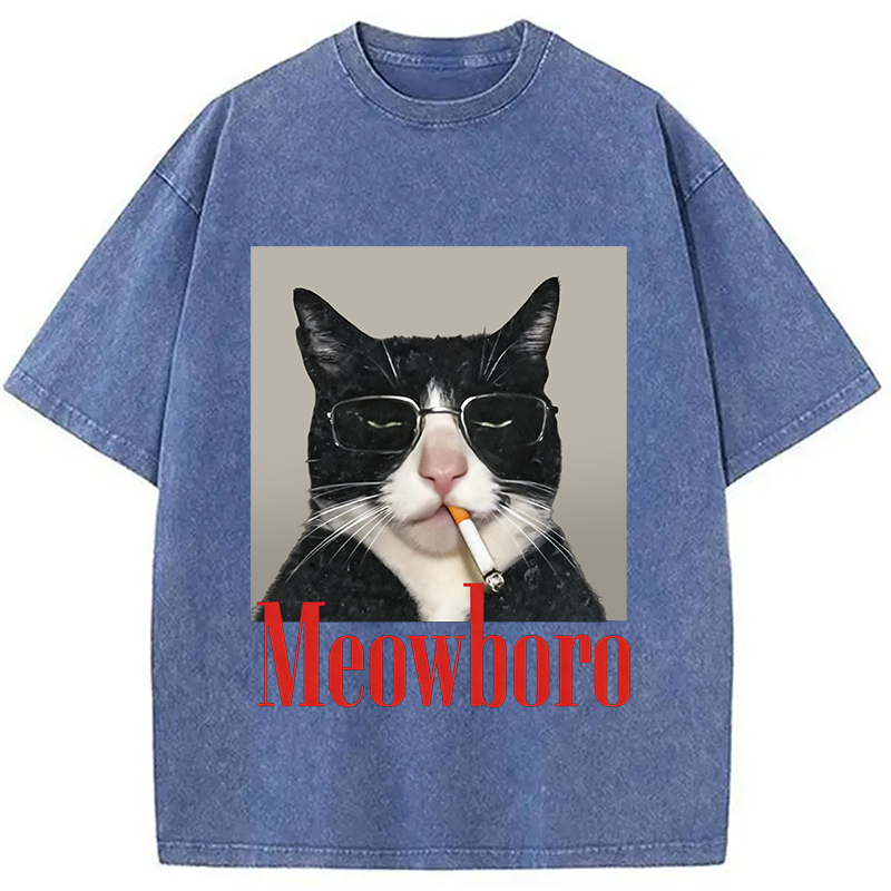 Modecanvas Funny Cat Smoking Cigarette Meme Washed T-Shirt