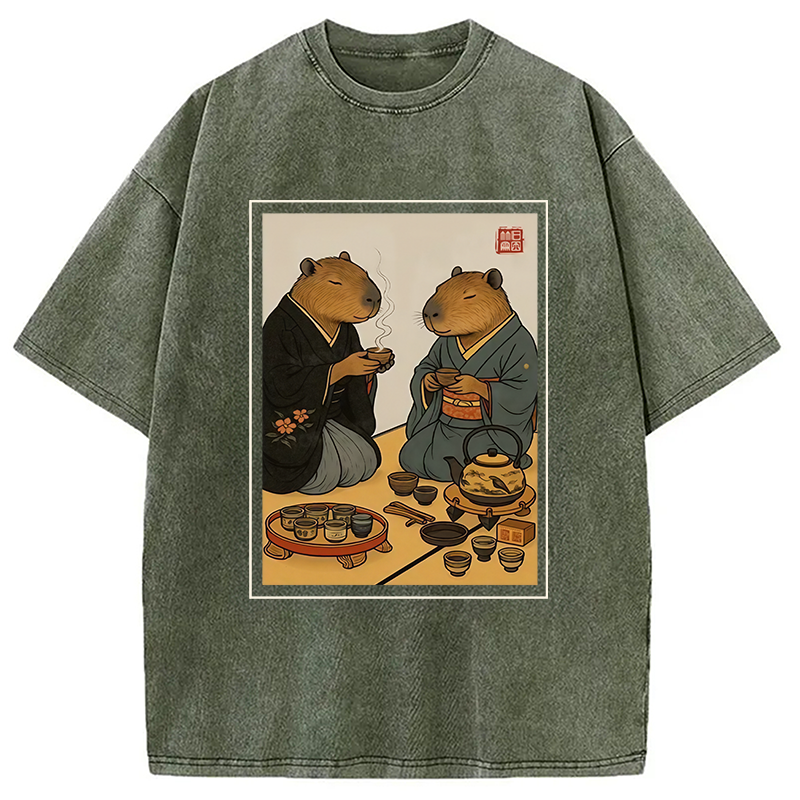 Modecanvas Capybara Tea Ceremony Washed T-Shirt