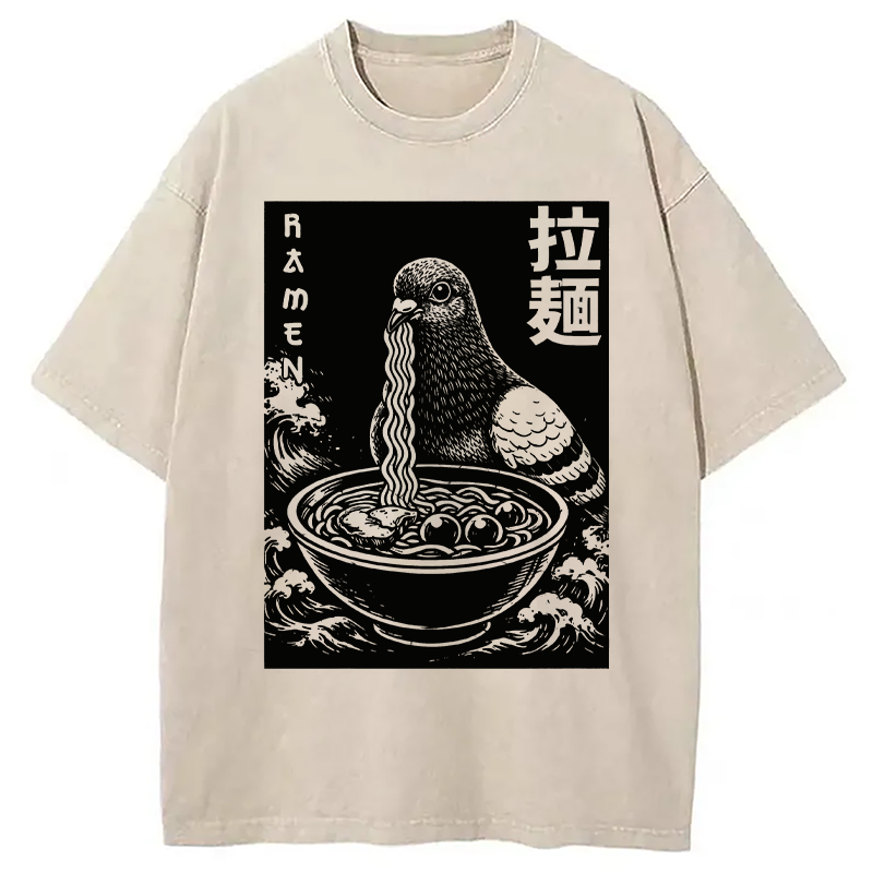 Modecanvas Ramen Pigeon DTG Printing Washed T-Shirt