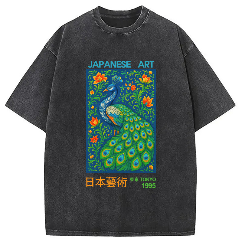 Modecanvas Majestic Peacock Japanese Art Washed T-Shirt