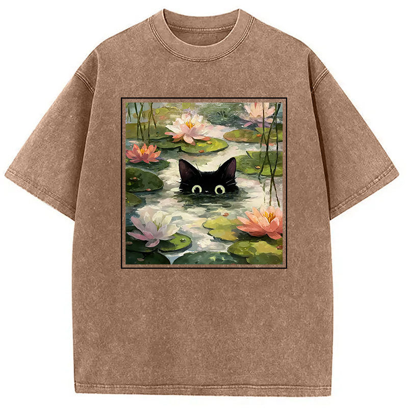 Modecanvas Black Cat and Lotus Flower Washed T-Shirt
